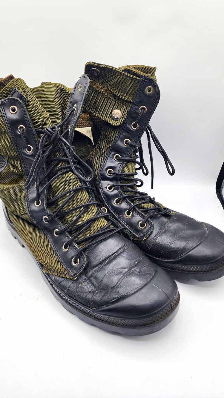 Palladium Mens Combat Lace-Up Boots Black/Green Leather Zipper US 12